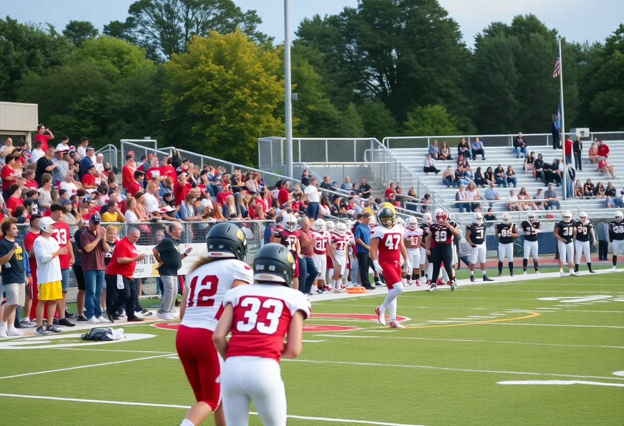 A scene from a high school football game showing players and fans