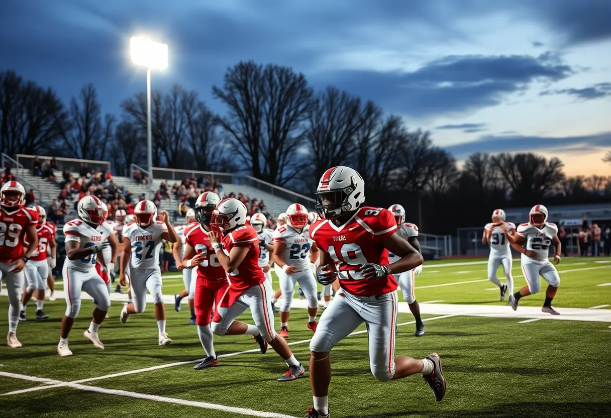 Players on the football field during a high school game