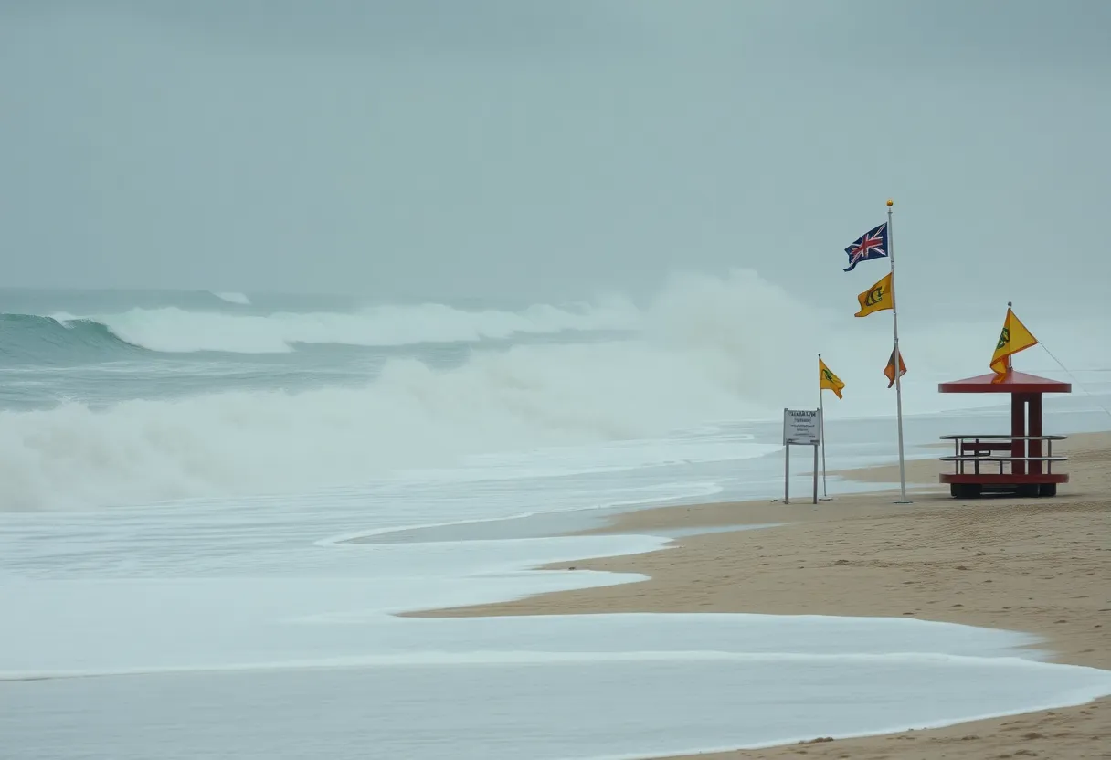 High waves and rip current warning flags at Charleston beach