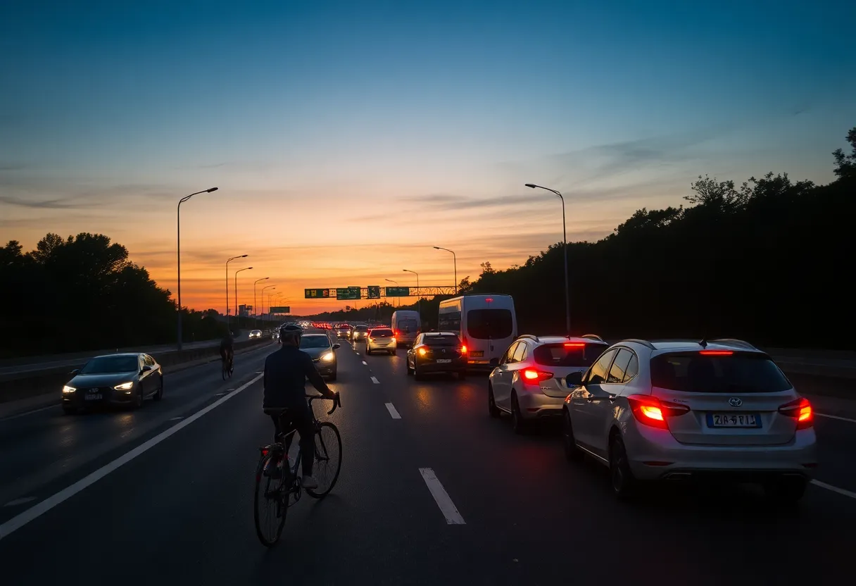 Bicycles on a highway during dusk