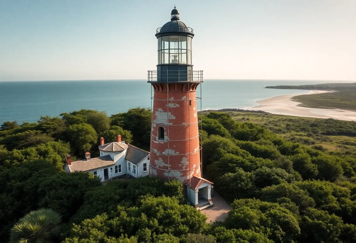 Ongoing restoration of Hunting Island Lighthouse with scaffolding