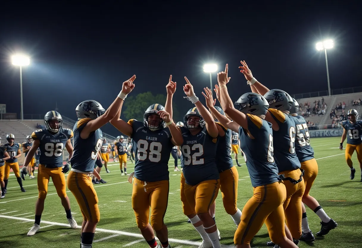Football players celebrating a victory on the field.