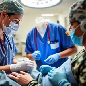 A military healthcare professional caring for service members.