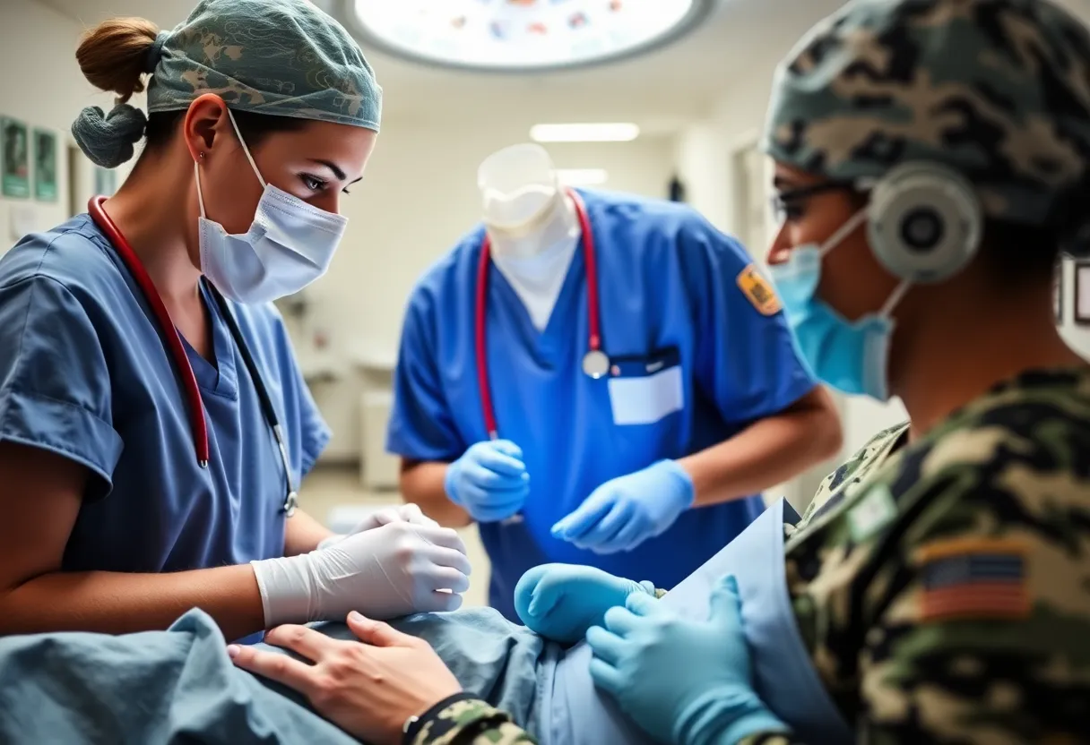 A military healthcare professional caring for service members.
