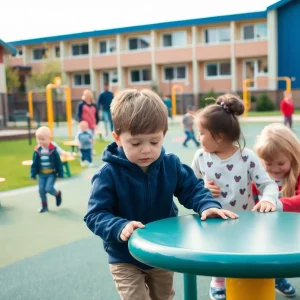 Playground area of an elementary school with children playing