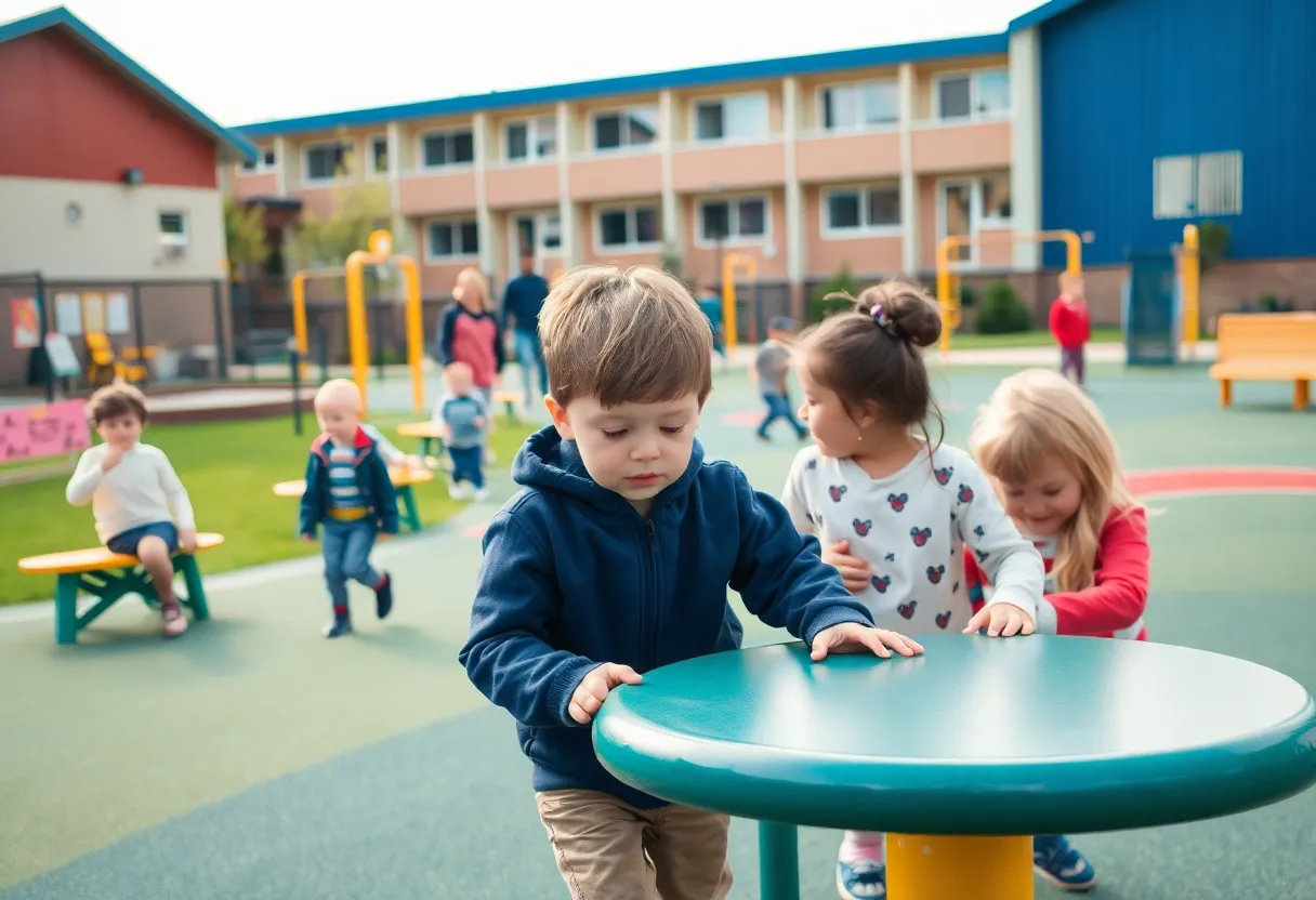 Playground area of an elementary school with children playing
