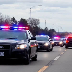 Police vehicles pursuing suspects on a highway.