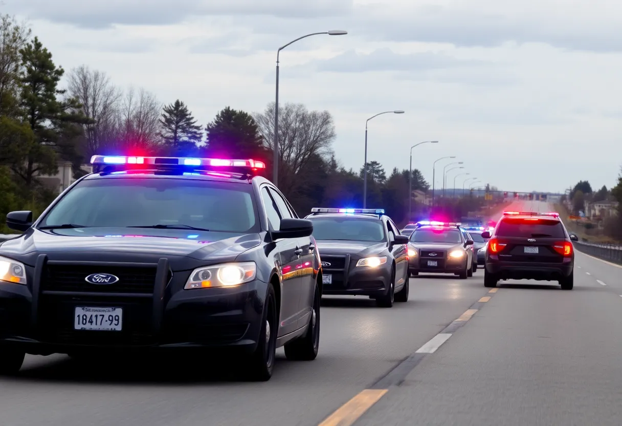 Police vehicles pursuing suspects on a highway.