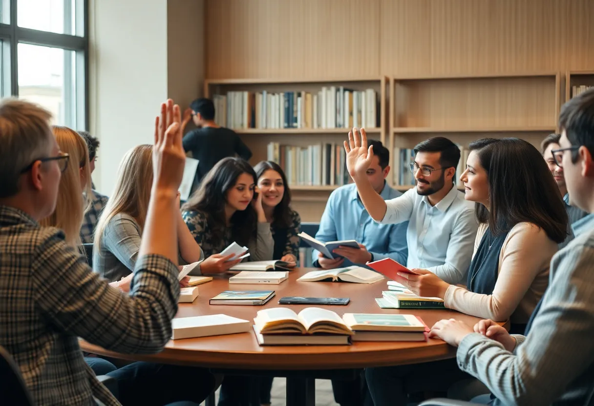 Participants discussing library book challenges in a public meeting.