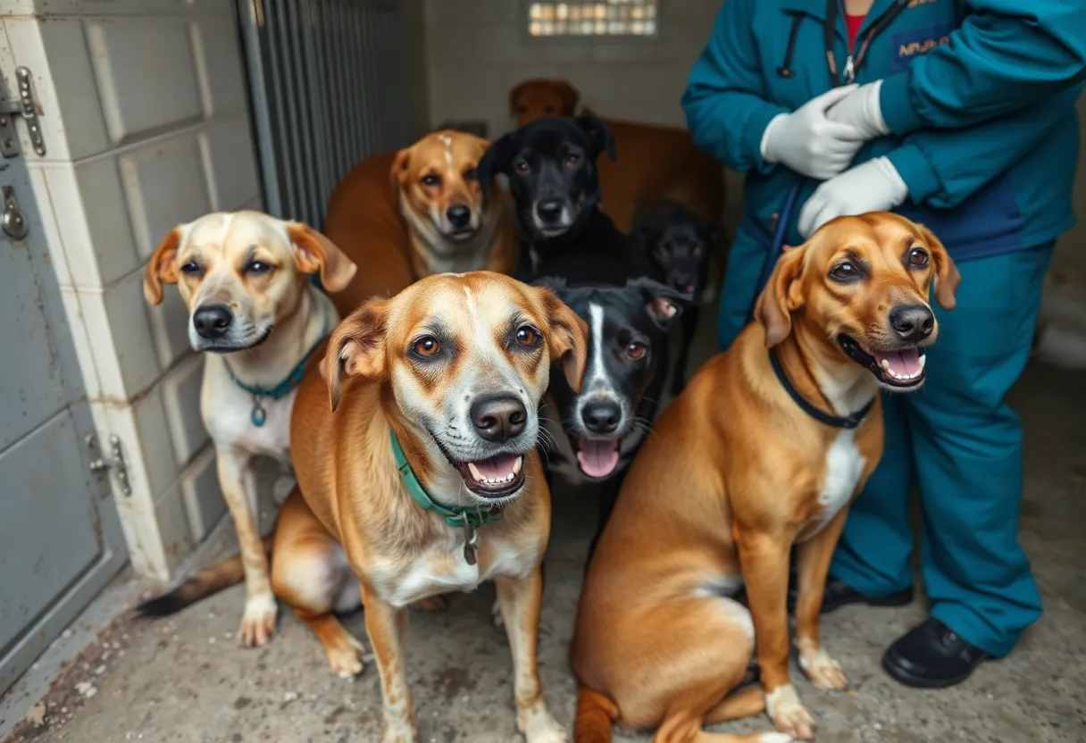 Distressed dogs rescued from a dog fighting investigation.