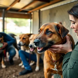 Ten rescued dogs receiving care in a shelter environment after being freed from dog fighting.