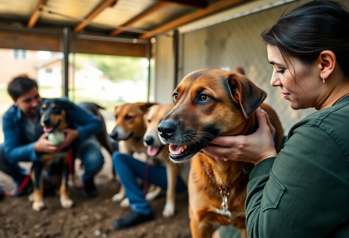 Ten rescued dogs receiving care in a shelter environment after being freed from dog fighting.