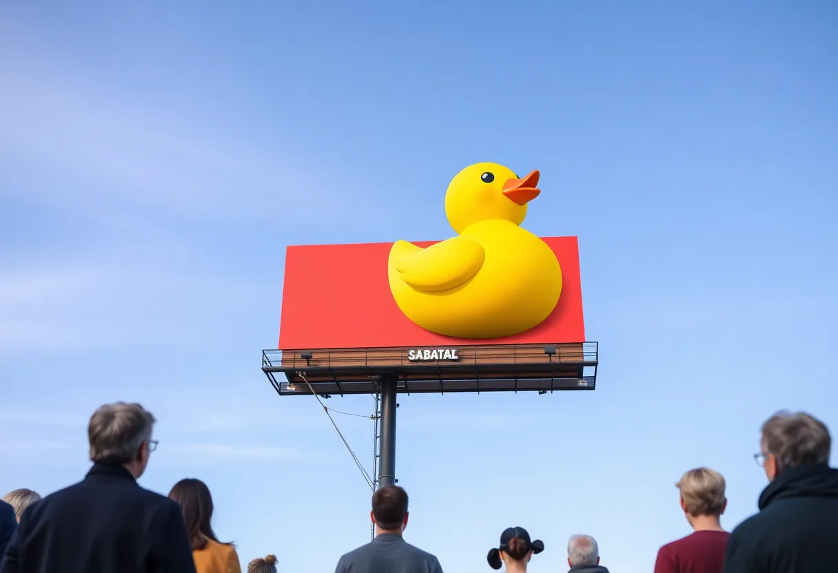 Bright yellow rubber duck on a red billboard background