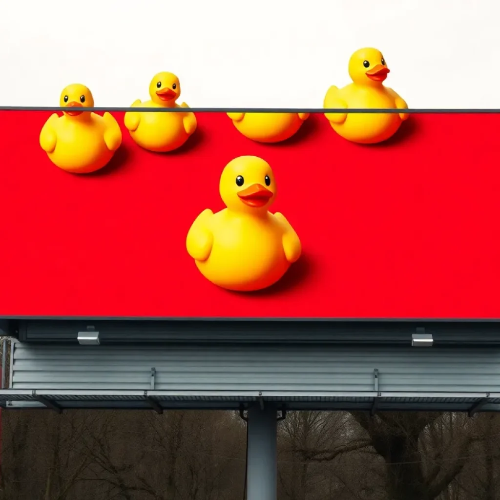 Billboard featuring yellow rubber ducks on a red background in South Carolina