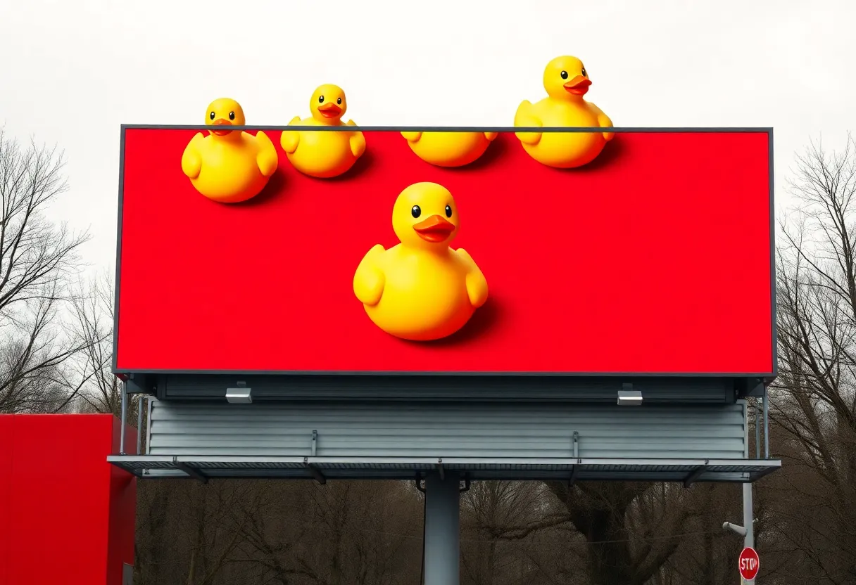 Billboard featuring yellow rubber ducks on a red background in South Carolina