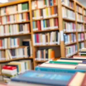 Shelves of books in a school library with selected titles highlighted.