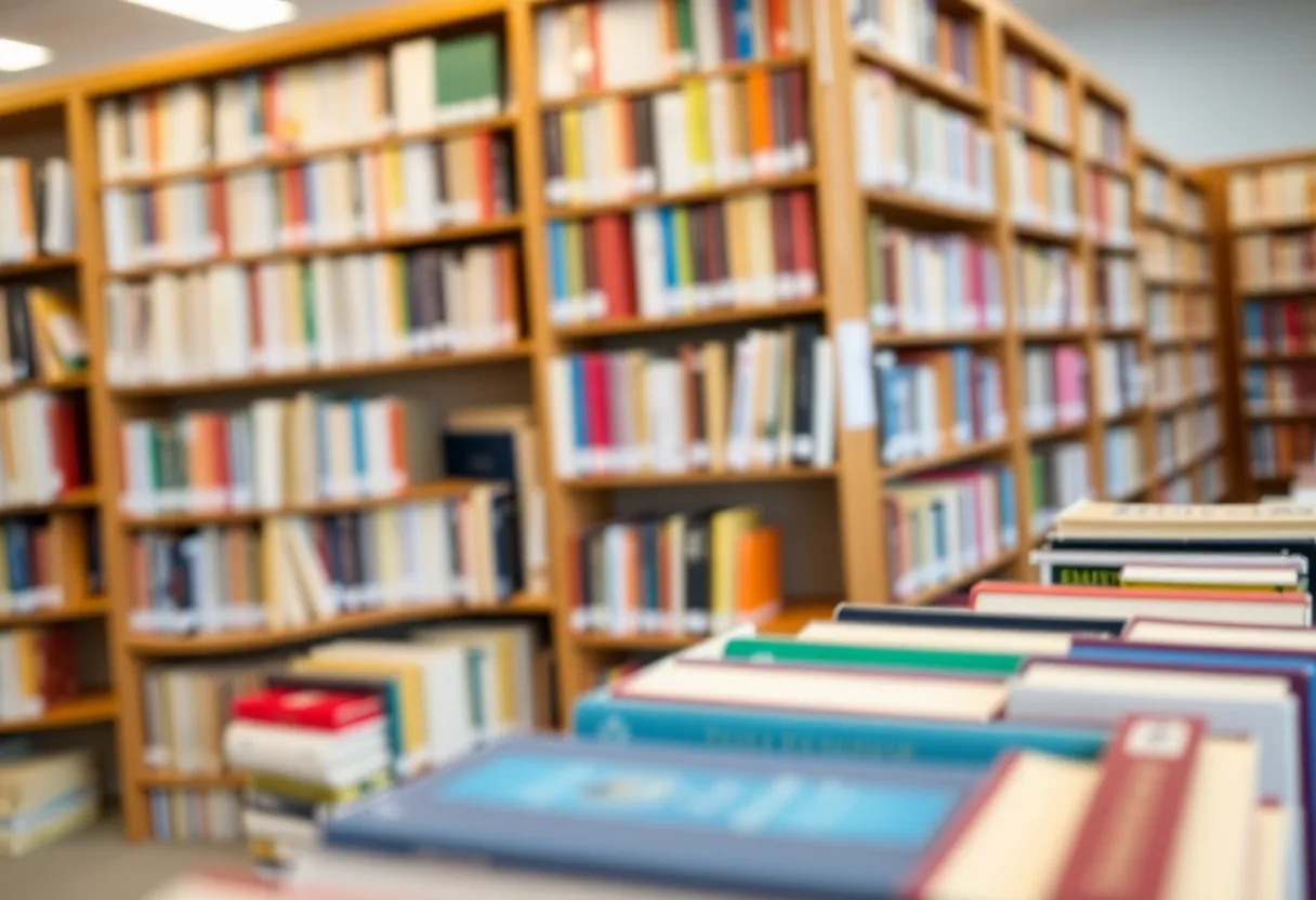 Shelves of books in a school library with selected titles highlighted.