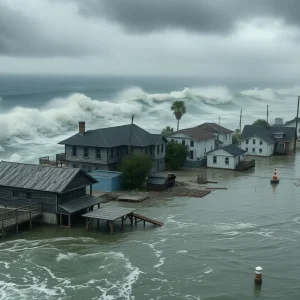 Coastal town affected by hurricane winds and flood damage