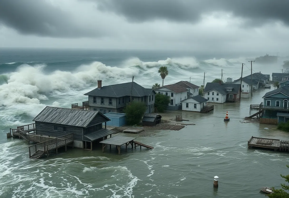 Coastal town affected by hurricane winds and flood damage