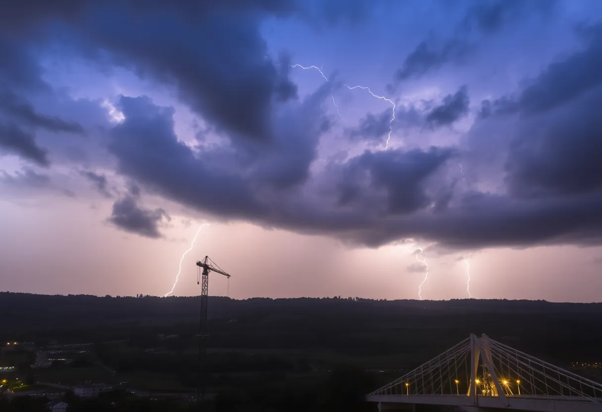 Stormy weather impacting traffic near a bridge with a crane