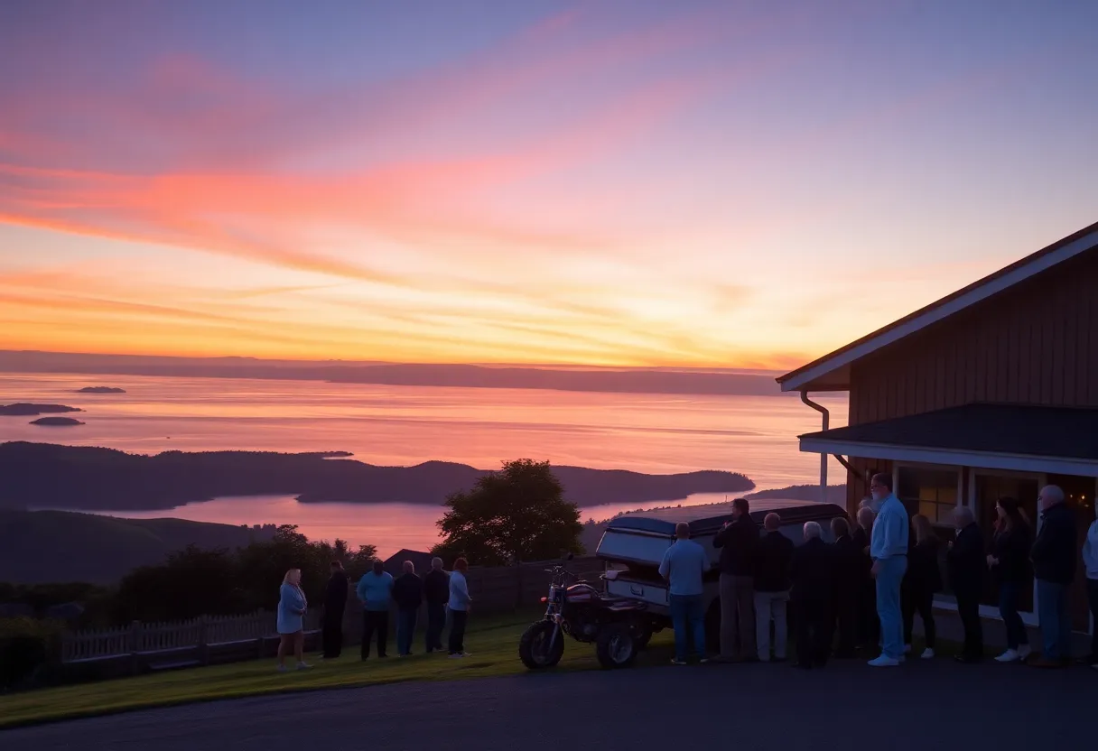 A peaceful St. Helena Island landscape during sunset, symbolizing community mourning.