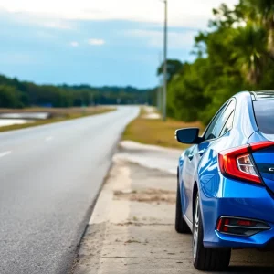 A scenic view of St. Helena Island with a blue Honda Civic parked, symbolizing community safety.