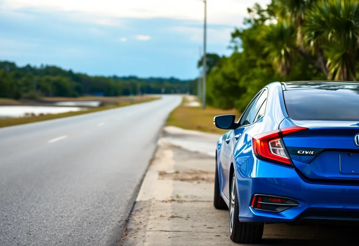 A scenic view of St. Helena Island with a blue Honda Civic parked, symbolizing community safety.