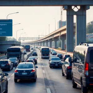 Traffic congestion in Beaufort County with construction signage.
