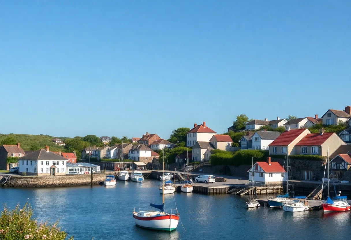 A picturesque view of a tranquil coastal town with cottages and a harbor