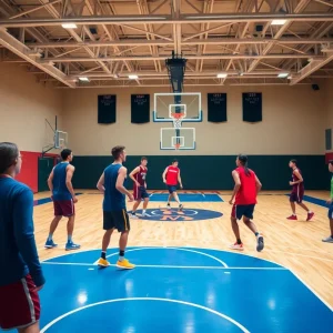 Basketball players practicing on a court