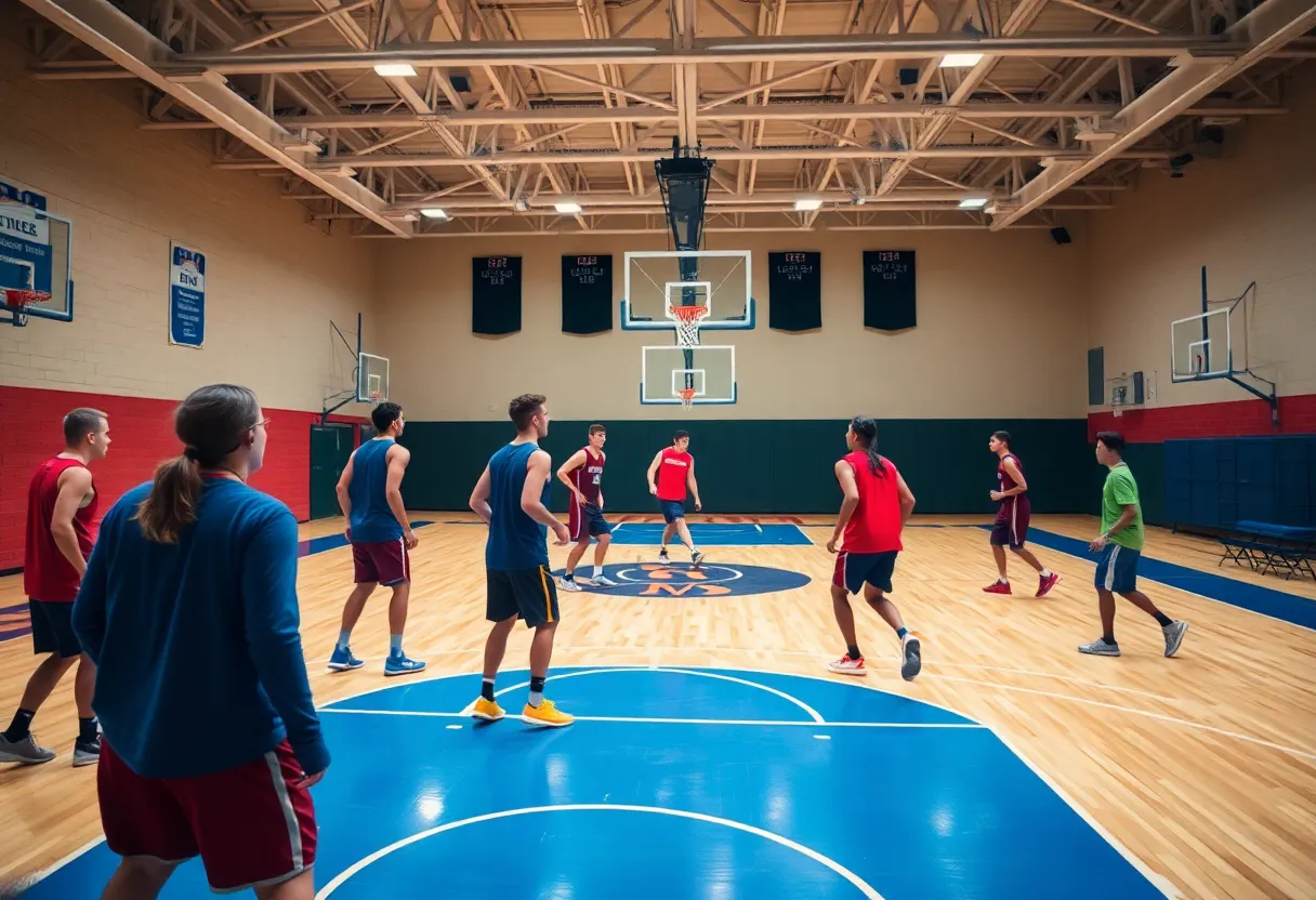 Basketball players practicing on a court