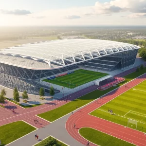 Conceptual design of the USC Beaufort arena project showing the arena and athletic fields.