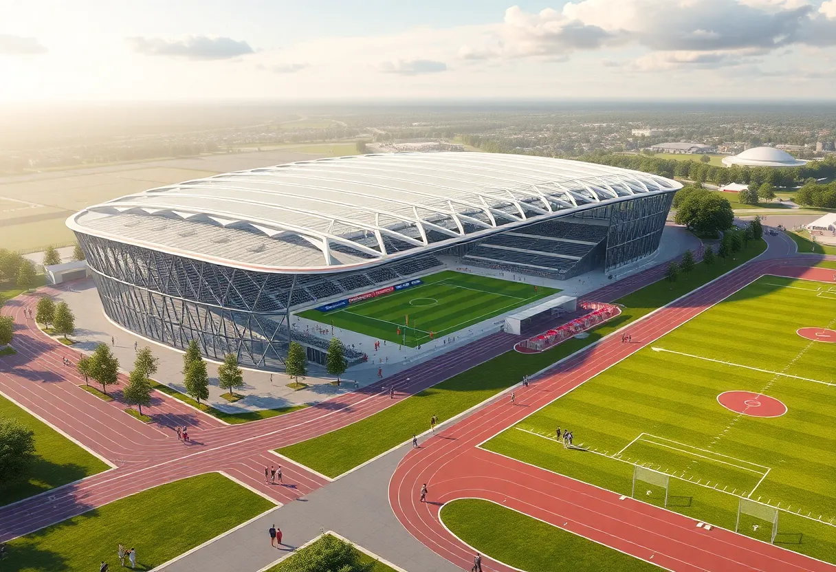 Conceptual design of the USC Beaufort arena project showing the arena and athletic fields.