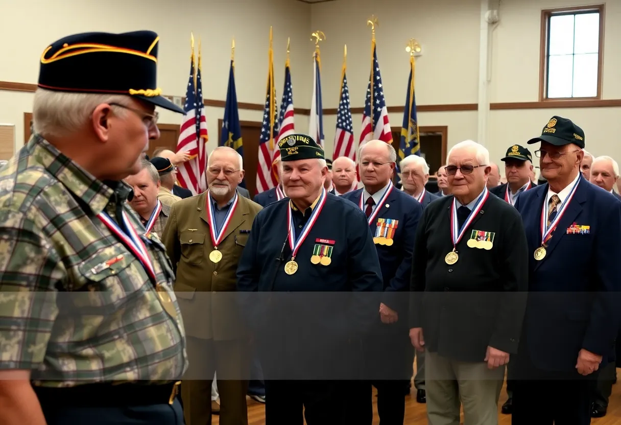 Ceremony honoring veterans with medals and flags