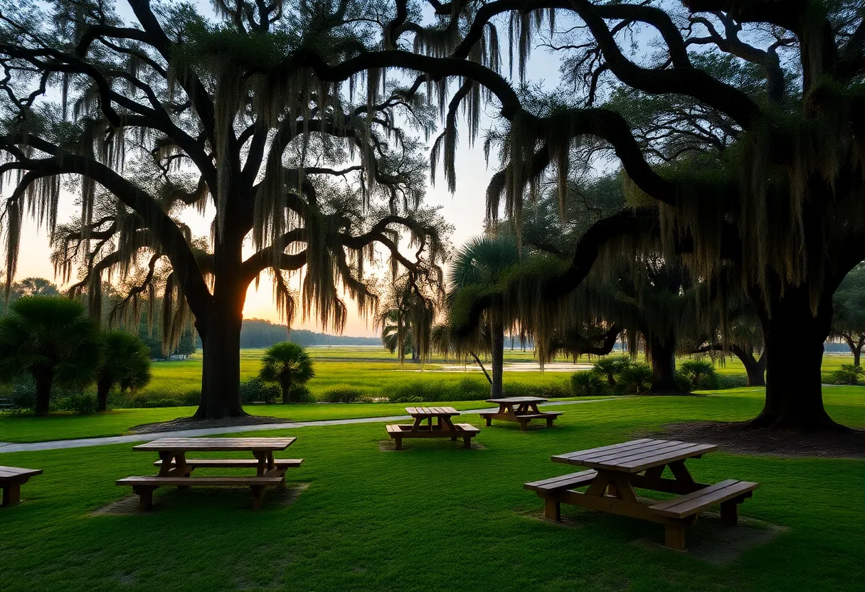 Scenic view of Whitehall Park with live oaks and marshes