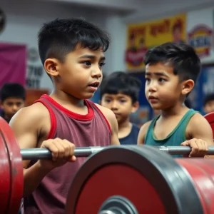 Two young weightlifters demonstrating strength in a gym setting.