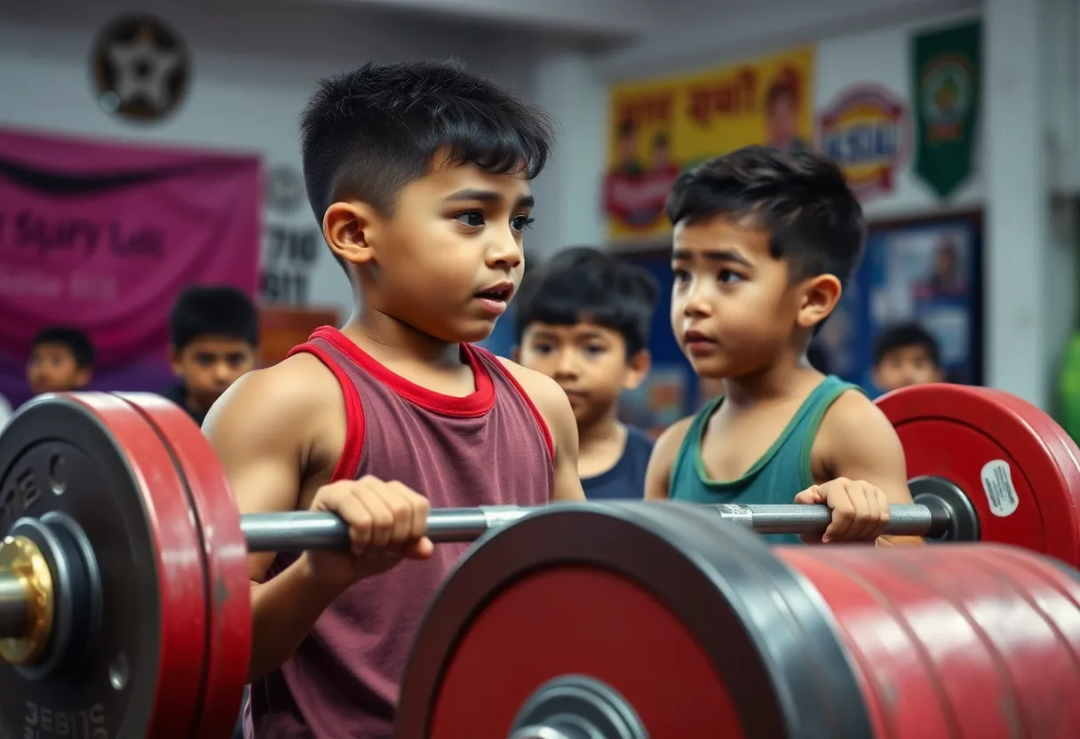 Two young weightlifters demonstrating strength in a gym setting.