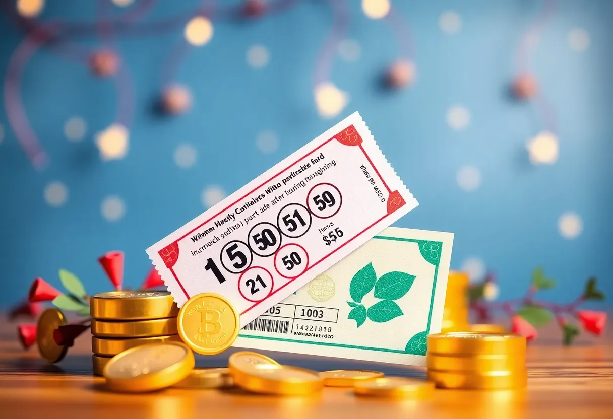 Illustration of scratch-off lottery ticket and cash.