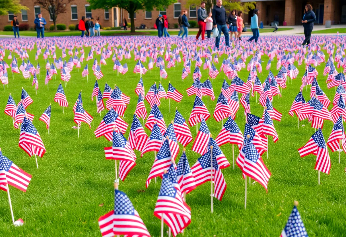 American flags placed on the lawn of Beaufort Academy in remembrance of 9/11 victims.