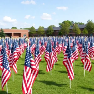 American flags displayed on the front lawn of Beaufort Academy in remembrance of 9/11 victims.