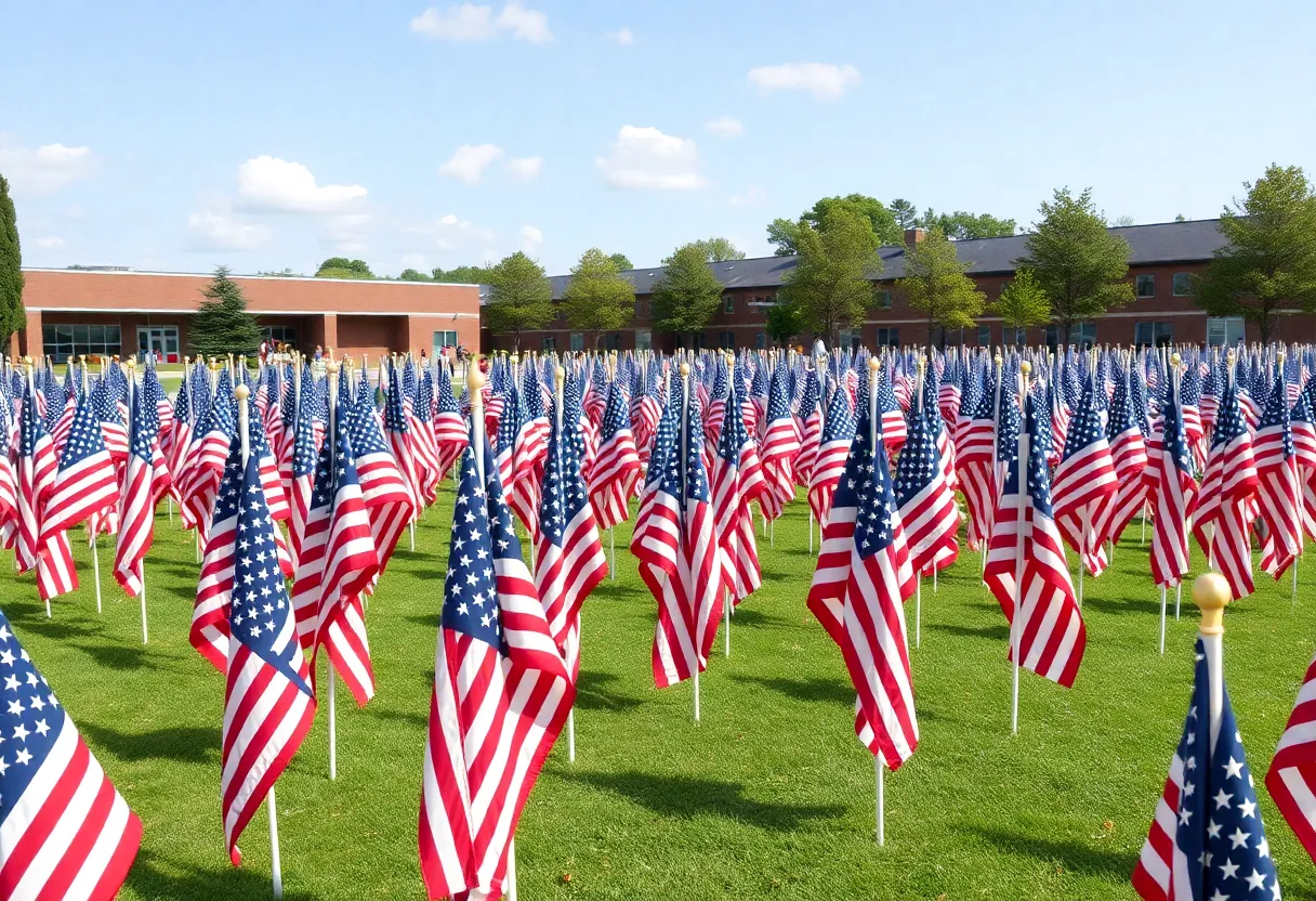 American flags displayed on the front lawn of Beaufort Academy in remembrance of 9/11 victims.