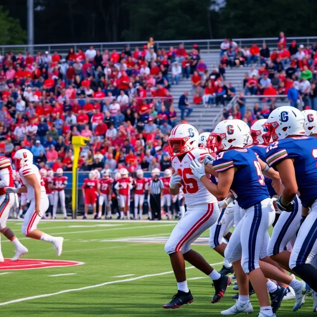 Football players in action during a high school game