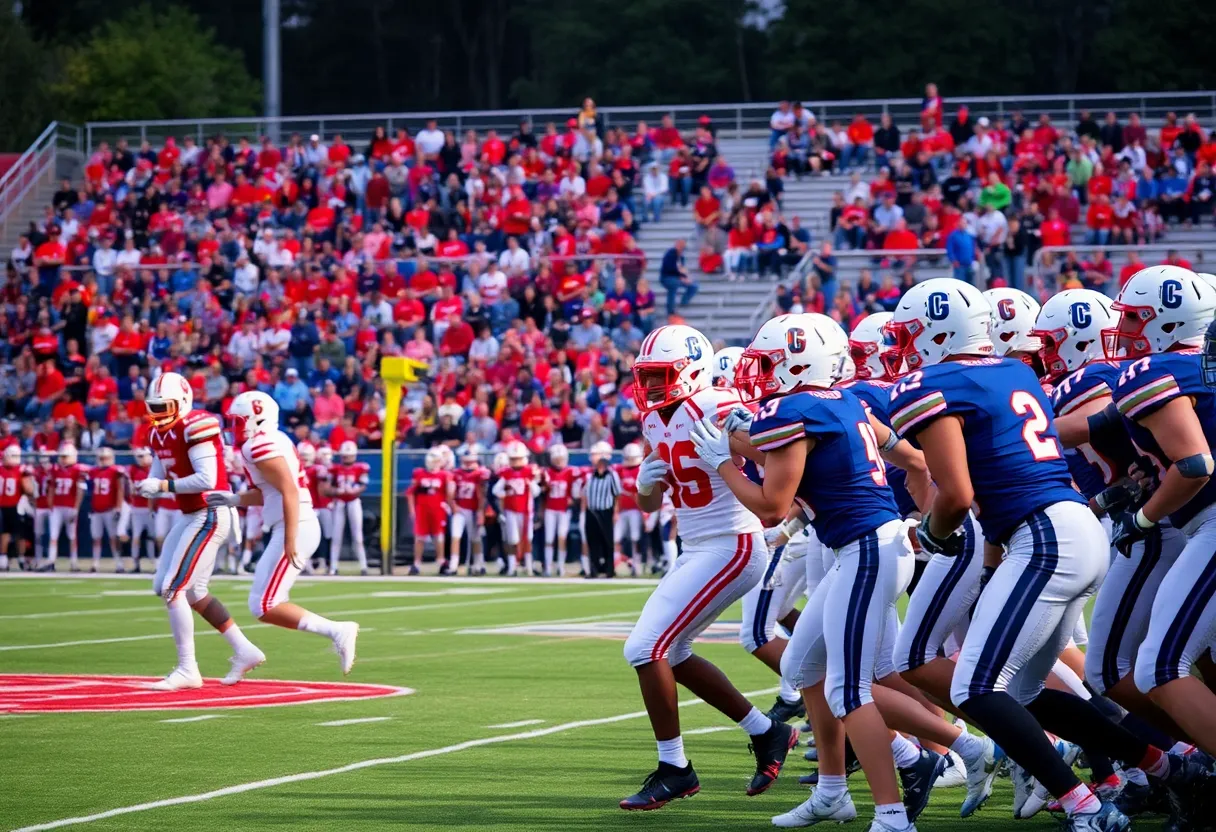 Football players in action during a high school game