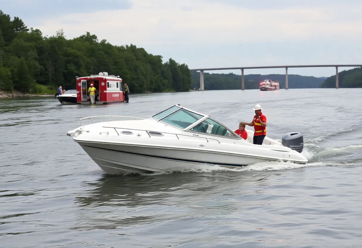 Emergency responders at a boat accident scene on the river