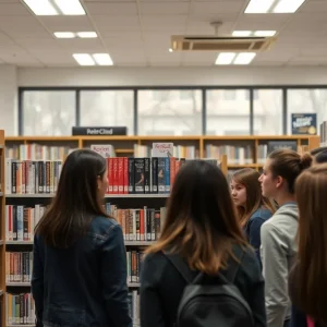 Restricted section in a school library with students discussing
