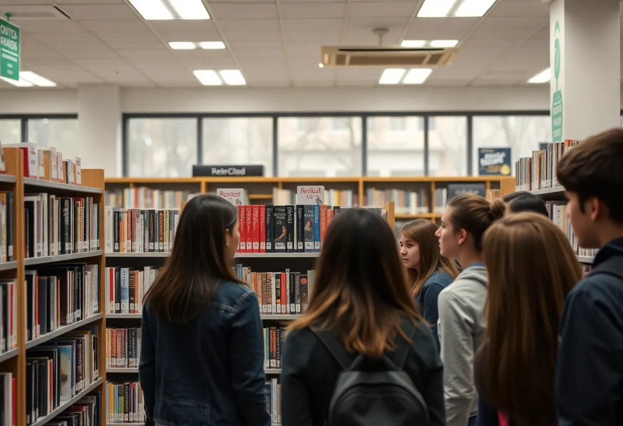 Restricted section in a school library with students discussing