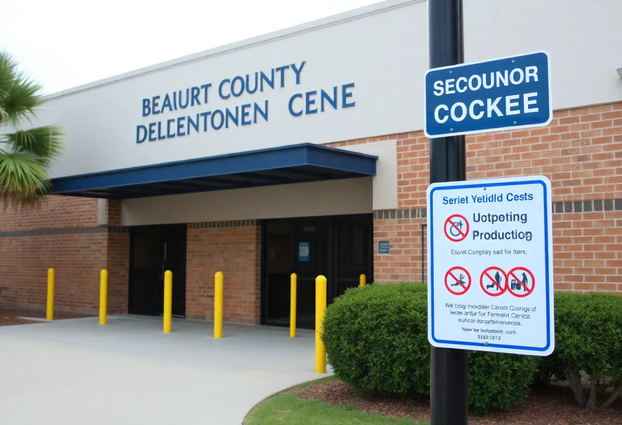 Exterior view of Beaufort County Detention Center demonstrating security regulations.