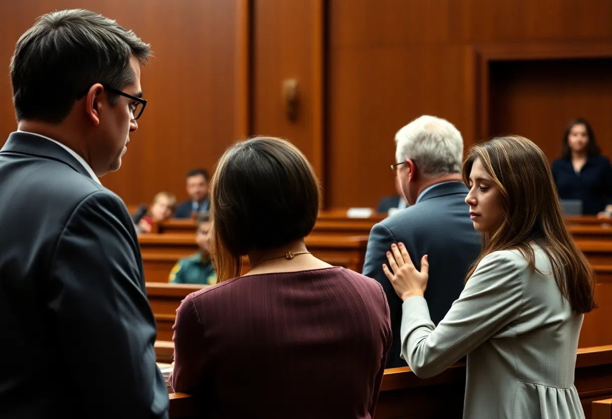 A courtroom scene with emotional family members