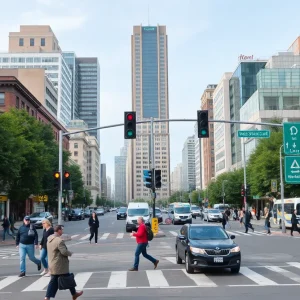 Downtown Beaufort intersection with pedestrians and cars.