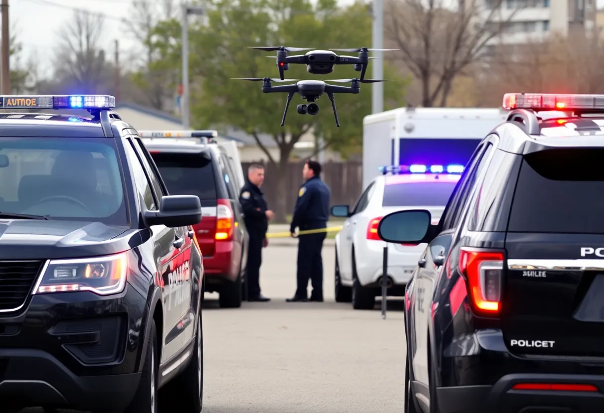 Law enforcement vehicles and drone in Bluffton during identity fraud investigation.